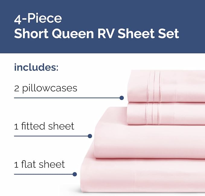RV Short Queen Sheet Set 60 X 75 - 4 Piece RV Short Queen Bed Sheets - Soft, Breathable & Cooling - Designed for Bunks, Trailers & Campers - Fits 8” to 12" Mattress - Luxury Bedding - Lavender Pink