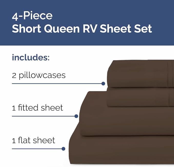 RV Short Queen Sheet Set 60 X 75 - 4 Piece RV Short Queen Bed Sheets - Soft, Breathable and Cooling - Designed for Bunks, Trailers & Campers - Fits 8” to 12" Mattress - Hotel Luxury Bedding - Brown