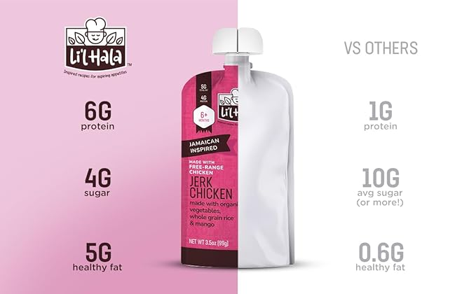 Li'l Hala Foods - Baby Meat Pouches - Toddler Meals with Meat – Protein & Healthy Fats Puree – No Hormones – 6+ Months – 3.5 oz (12 Pack) (Jerk Chicken)
