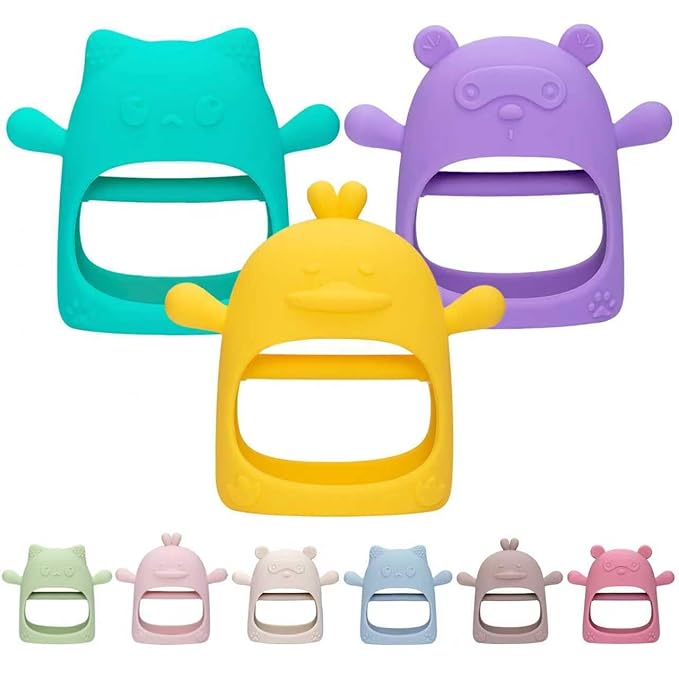 3 Pack Baby Teething Toy, Food Grade Silicone Baby Teething Mittens, Anti Drop Wrist Hand Teether Toys for 0-6 6-12 Months, Infant Chew Toys for Sucking Needs, BPA Free (Candy)