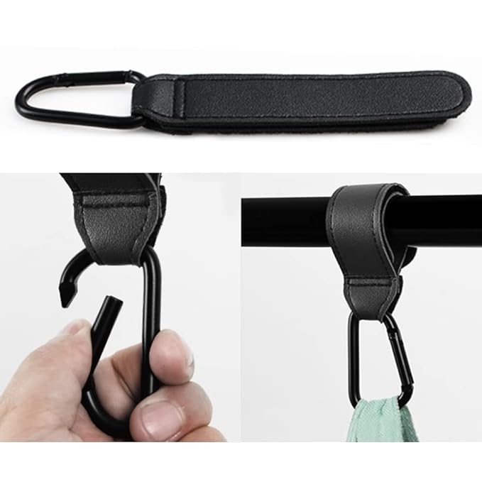 2PCS Stroller Hook Accessories, Multipurpose Stroller Bag Hook, Award Winning Leather Stroller Clip (Black)