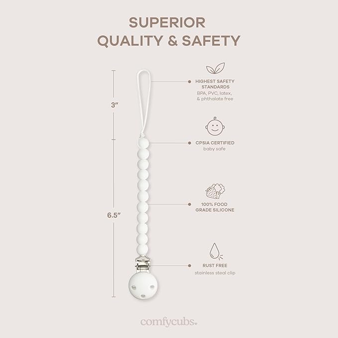 Comfy Cubs Pacifier Clips 2 Pack - 100% Food Grade Silicone Baby Pacifier Clips, BPA & PVC Free - CPSIA Certified, Lightweight and Flexible Baby Gifts - White