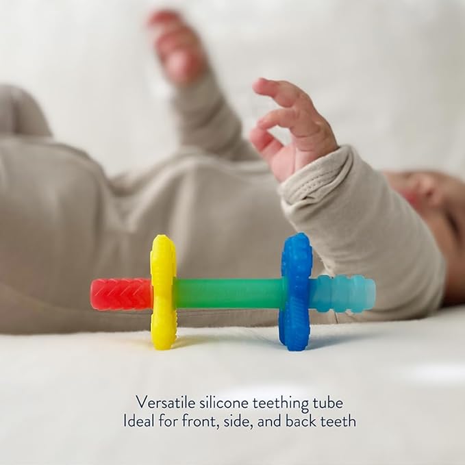 Itzy Ritzy Teensy Tube Teether – Textured Hollow Baby Teething Tube That Reaches Front Teeth & Back Molars, Made of Soft Silicone (Rainbow)