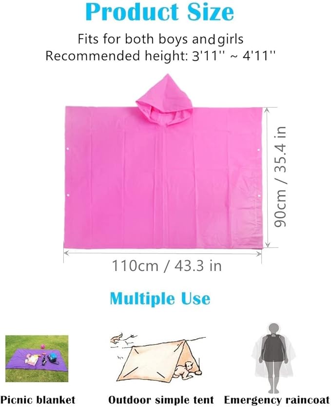 Rain Poncho for Kids (2 Pack), Reusable EVA Children Raincoat Ponchos Rain Jacket with Hood for 6-14 Girls Boys