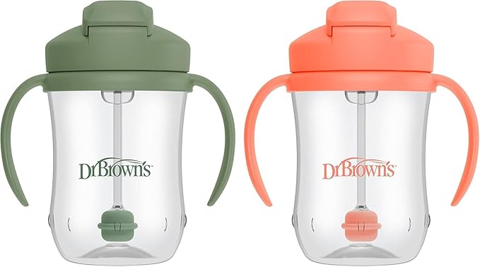 Dr. Brown's Milestones Baby's First Straw Cup, Training Cup with Weighted Straw, 9 oz/270 mL, BPA-free, 6m+, Coral/Olive Green, 2-Pack