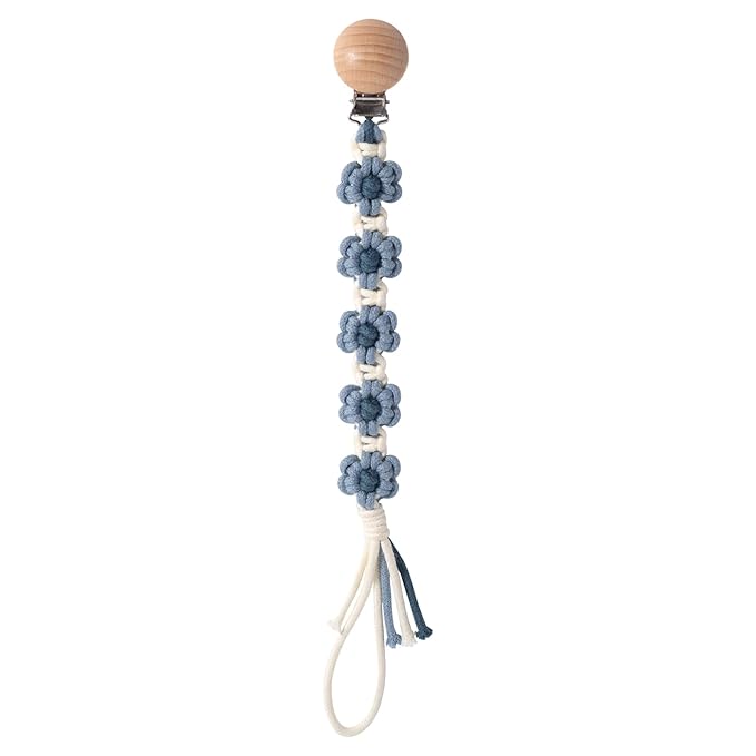 Pacifier Clip for Boys Girls Floral Daisy Macrame Paci Clip Pacifier Holder Leash Boho Wooden Clips Handmade Braided Cotton Unisex Baby Shower Birthday Gift
