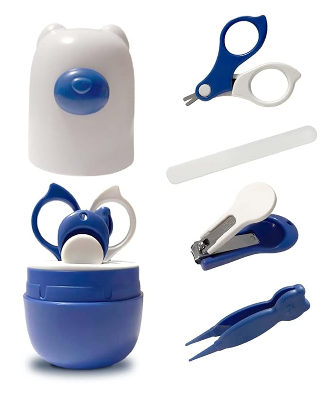 Angel Love 4-in-1 Baby Nail Care Set - Equipped with Safety Nail Clippers, Nail Files, Safety Scissors, and Safety Nose Clips Blue Zjc3