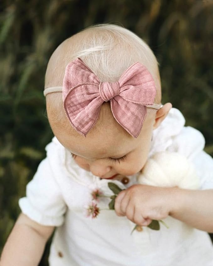 Cherssy Baby Girl Muslin Headbands, 3.5" Cotton Hair Bows Nylon Hairbands for Newborns, Infants, Toddlers - 6pcs
