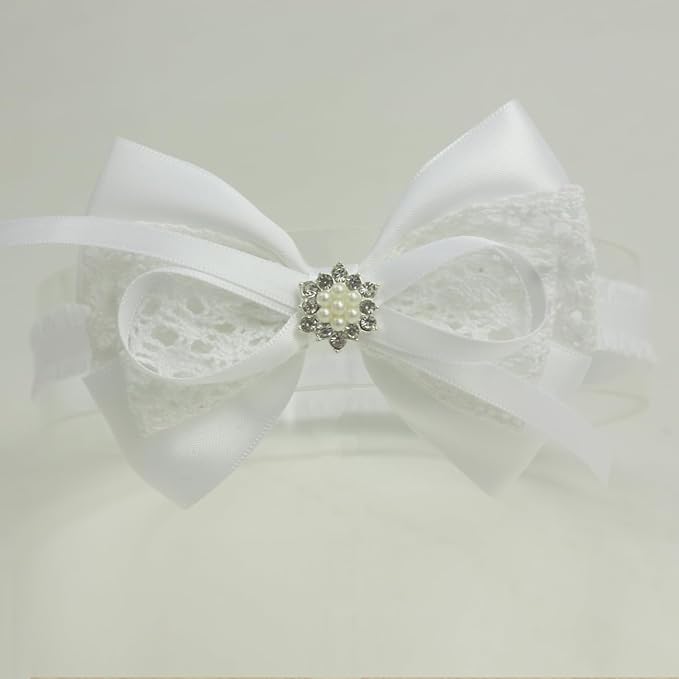 Nihao Baby White Cotton Lace and Satin Bow Hairband with Pearl - Baptism, Communion, First Birthdays - Hair Styling - For Baby Girls - 0-6 Month