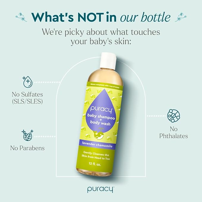 Puracy Baby Shampoo & Body Wash for Children - Pure Ingredients with 12 Fruit & Vegetable Extracts for Silky Smooth Skin, Gentle Lavender Chamomile Aroma, Shampoo, Baby Body Wash 12 Oz (2-Pk)