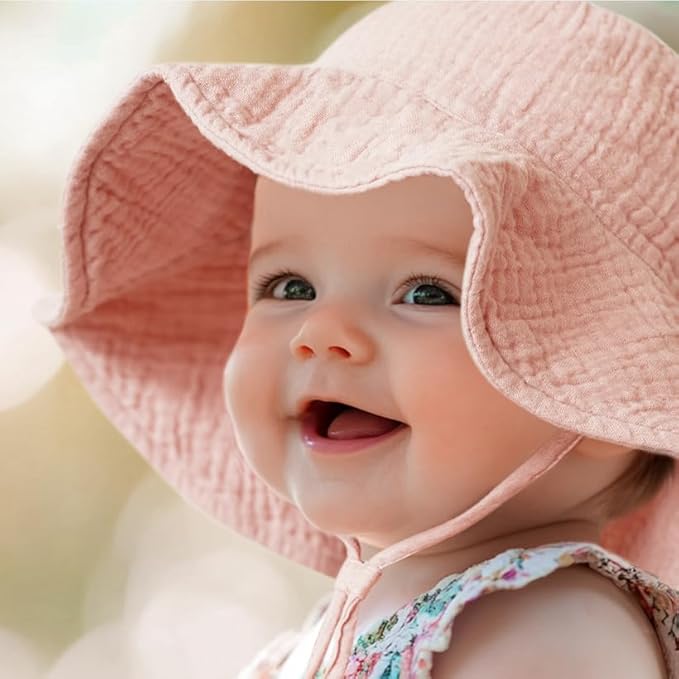 Konssy 2 Pack Muslin Baby Sun Hat UPF 50+ Sun Protection Baby Bucket Hat Summer Beach Hats with Wide Brim for Boys & Girls
