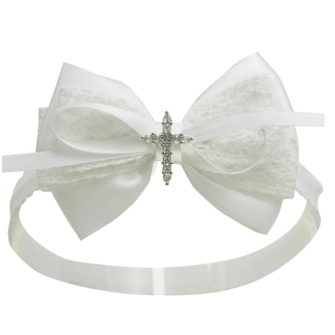 Nihao Baby White Cotton Lace and Satin Bow Baptism Headband with Cross (6 months-2 years old)