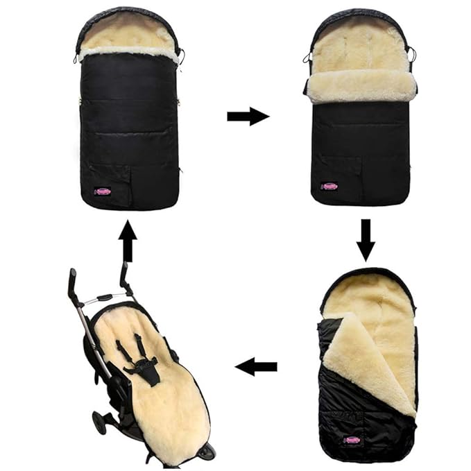 100% Australia Sheepskin Snuggle Pod Baby Footmuff for All Strollers0-4T Baby UseWater Repellent,Anti-cold,Anti-kicking,Front Height Adjustabl& Removable Stroller Bunting Bag