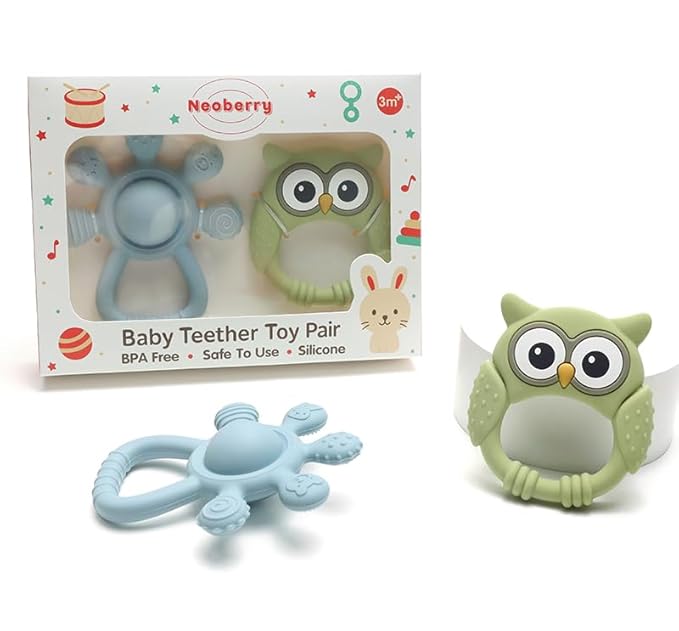 Baby Teether and Rattle Toy Set, BPA-Free, Food-Grade Silicone, Easy-Grip Teething Rattle for Babies, Soothing Teething Toy, Infant Sensory Toy for 3-24 Months (Owl)