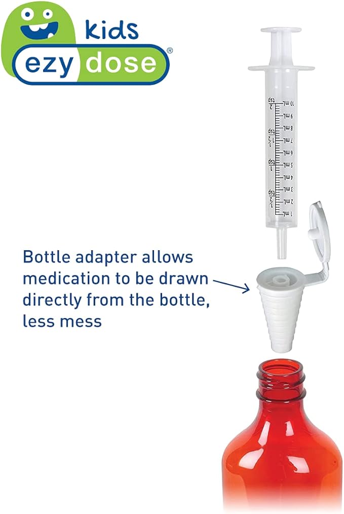 EZY DOSE Kids Baby Oral Syringe & Dispenser Calibrated for Liquid Medicine, Reduce Mess and Spills, Easy Way to Orally Administer Medication, 10 mL/2 TSP, Includes Bottle Adapter, Clear, BPA Free