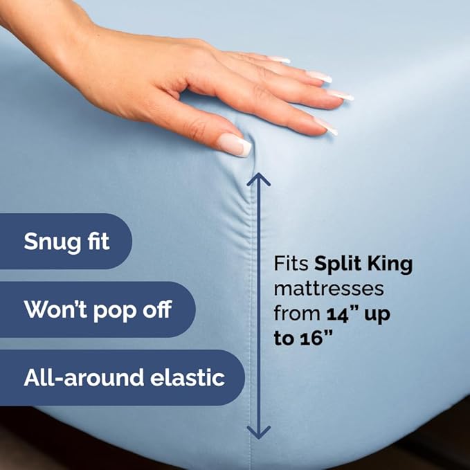Split Head King Sheet Set – 4 Piece Flex Split Top King Sheets for Adjustable Beds - Fits 14” to 16" Mattress w/ Deep Pockets - Soft, Breathable & Cooling - Luxury Bedding & Wrinkle Free - Light Blue