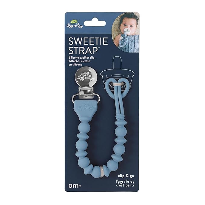 Itzy Ritzy Silicone Pacifier Clip; 100% Food Grade Silicone Pacifier Strap with Clip Keeps Pacifiers, Teethers & Small Toys in Place Features One-Piece Design & Cord (Blue)