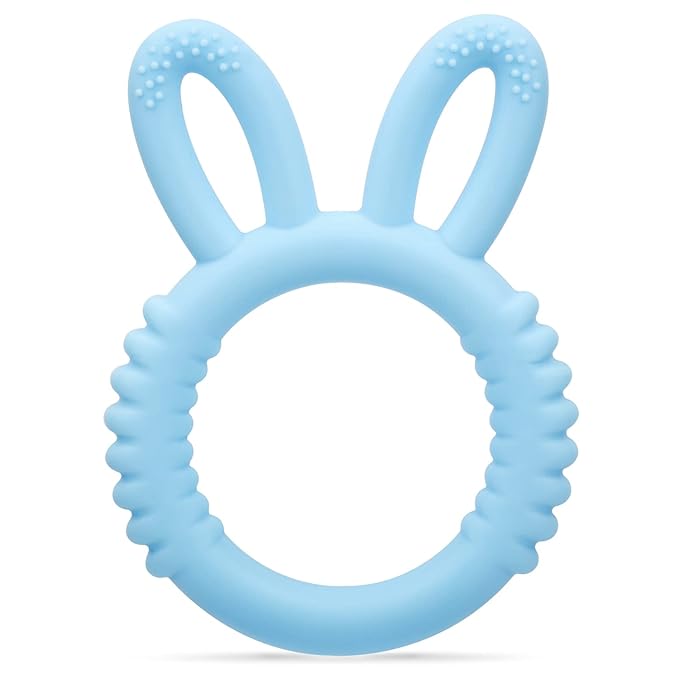 Silicone Babies Teethers Baby Teething Toys for Soothe Massage Sore Gums for 3-12 Months Infants, BPA Free, Easter Gifts for Boys and Girls, Ring Shape Rabbit Ear Design (Blue)