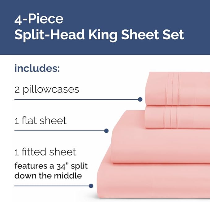 Split Head King Sheet Set – 4 Piece Flex Split Top King Sheets for Adjustable Beds - Fits 14” to 16" Mattress w/ Deep Pockets - Soft, Breathable & Cooling - Luxury Bedding and Wrinkle Free - Baby Pink