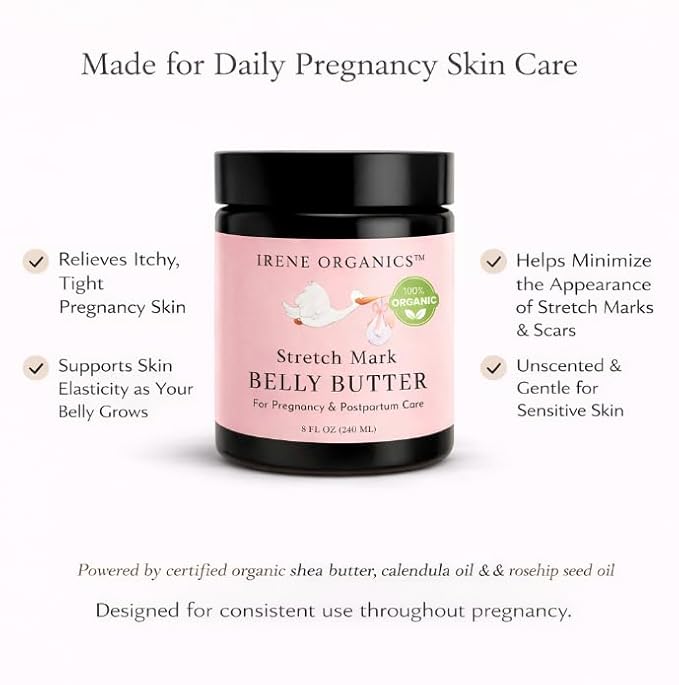 Organic Belly Butter for Pregnancy Stretch Mark Prevention and Treatment by Irene Organics - Award Winning Anti Stretch Mark Tummy Balm For Pregnancy and Postpartum 4oz - Hydrating Bump Cream
