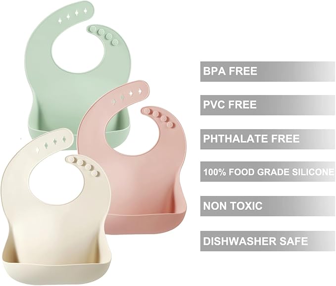 PandaEar Set of 3 Silicone Baby Bibs Waterproof, Soft, Unisex, 10-72 Months