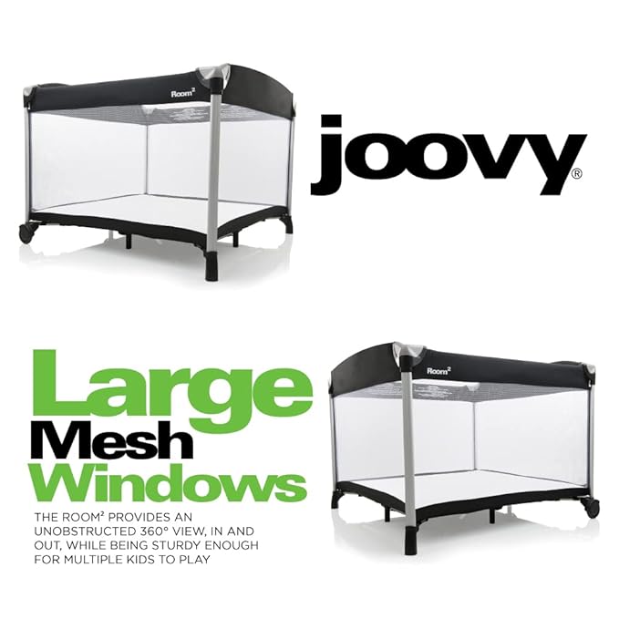 Joovy Room² Large Portable Playpen for Babies and Toddlers with Nearly 10 sq ft of Space, Large Mesh Windows for 360 View, and Waterproof Mattress Sheet - Folds Easily when Not in Use (Black)