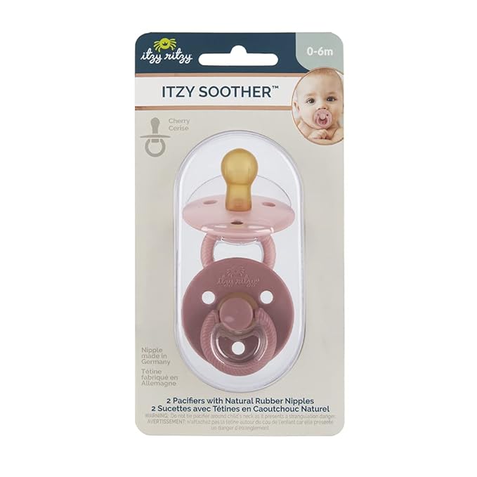 Itzy Ritzy Natural Rubber Newborn Pacifiers – Baby Pacifiers with Cherry-Shaped Nipple & Large Air Holes for Added Safety; Binkies in Blossom & Rosewood (Ages 0 – 6 Months) (Pack of 2)