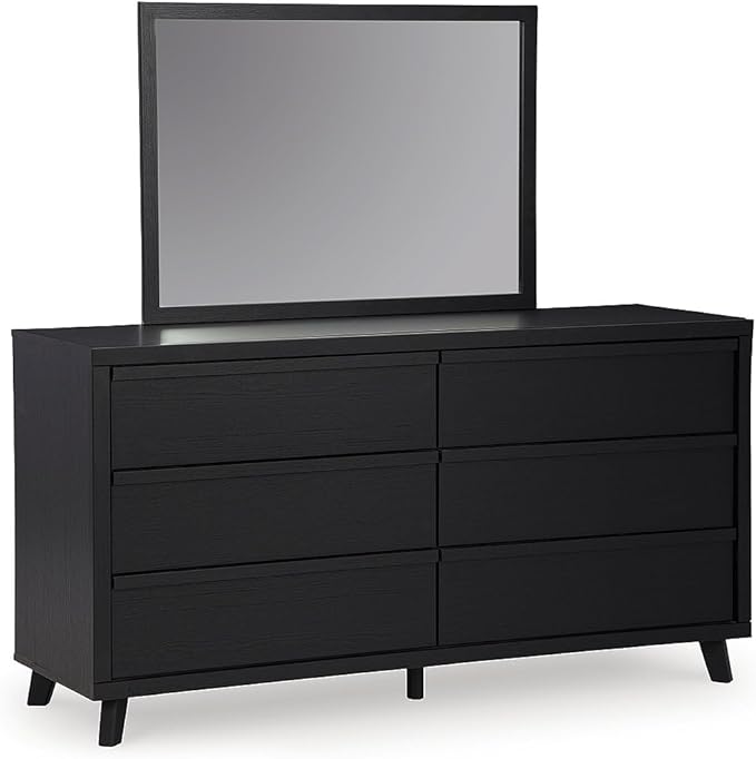 Signature Design by Ashley Danziar Mid-Century Modern 6-Drawer Dresser and Mirror with Safety Stop, Black