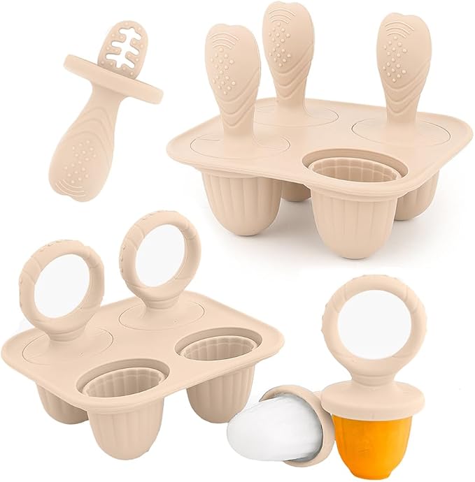 Silicone Popsicle Molds, Mini Breastmilk Popsicle Molds with Sticks, Frozen Breast Milk Teether Popsicle Maker Ice Pop Molds for Infant Feeding Spoon (2Set-Beige)