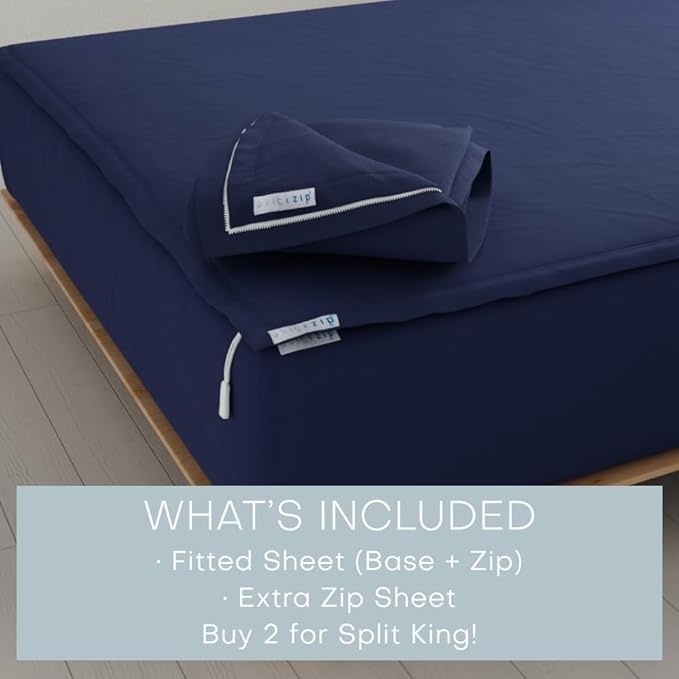 QuickZip Fitted Plus Spare Bundle: 1 Fitted Sheet (Base + Zip Sheet) & 1 Zip Sheet - Easy to Change, Won’t Pop Off - Soft Percale 400 TC 100% Cotton - 15” Deep Pockets Twin XL Size Sheets – Deep Navy