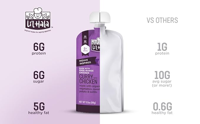 Li'l Hala Foods - Baby Meat Pouches - Chicken Curry (12 Pack) | | Baby Food Purees with Protein, Healthy Fats & Fiber from Real Meat & Organic Veggies | 6+ Months Baby Meals