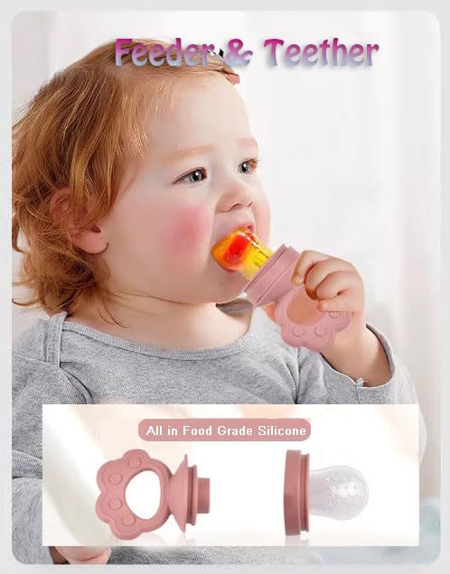 Ginbear Silicone Baby Fruit Food Feeder & Freezer Tray (Set of 2), Infant Teething Feeder Pacifiers with Baby Popsicle Molds Combo 4 Months+ (Hazy Green/Almond)