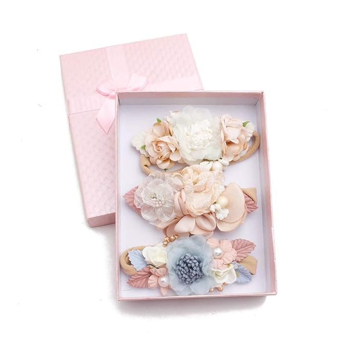 cherrboll 3pcs Baby Girl Headbands Flowers, Super Soft & Stretchy Nylon Floral Hairbands for Newborn Toddler