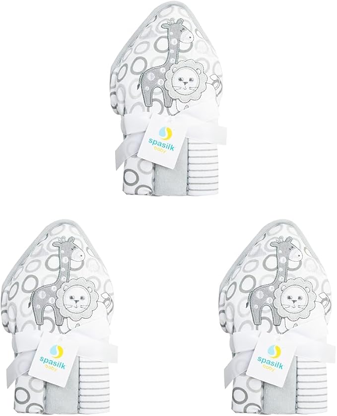 Spasilk Baby Bath Hooded Terry Towel with 3 Washcloths, Baby Bath Essentials, One Size, Gray Lion (Pack of 3)