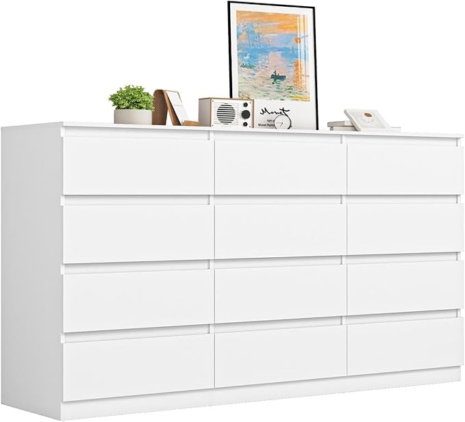 White 12 Drawer Dresser for Bedroom,Modern Long Deep Drawer Dresser,Wood Storage Chest of Drawer, Storage Organizer Drawers for Bedroom