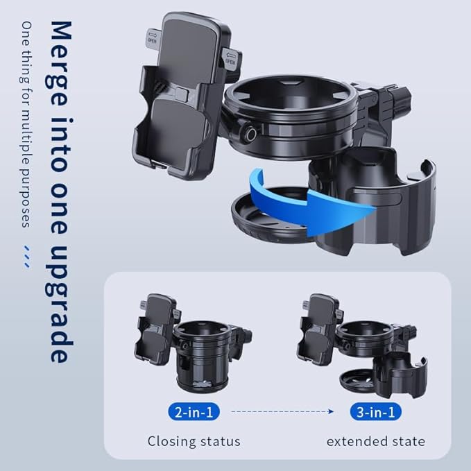 3-in-1 Stroller Cup Phone Holder, Multifunctional Stroller Cup Holder Attachment with 360° Adjustable Phone Mount, Cup Holder for Walker, Wheelchair, Strollers, Anti-Slip & Easy Install