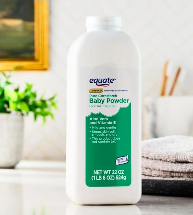Pure Corn Starch Baby Powder Equate. Hypoallergenic Vitamine E & Aloe Vera-Talc-Free(Pack 1, 22 Oz.)