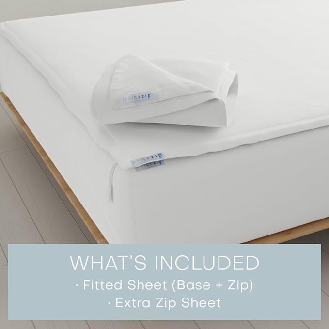 QuickZip Fitted Plus Spare Bundle: 1 Fitted Sheet (Base + Zip Sheet) & 1 Zip Sheet - Easy to Change, Won’t Pop Off - Soft Percale 400 TC 100% Cotton – 17.5” Deep Pockets King Size Sheets – White