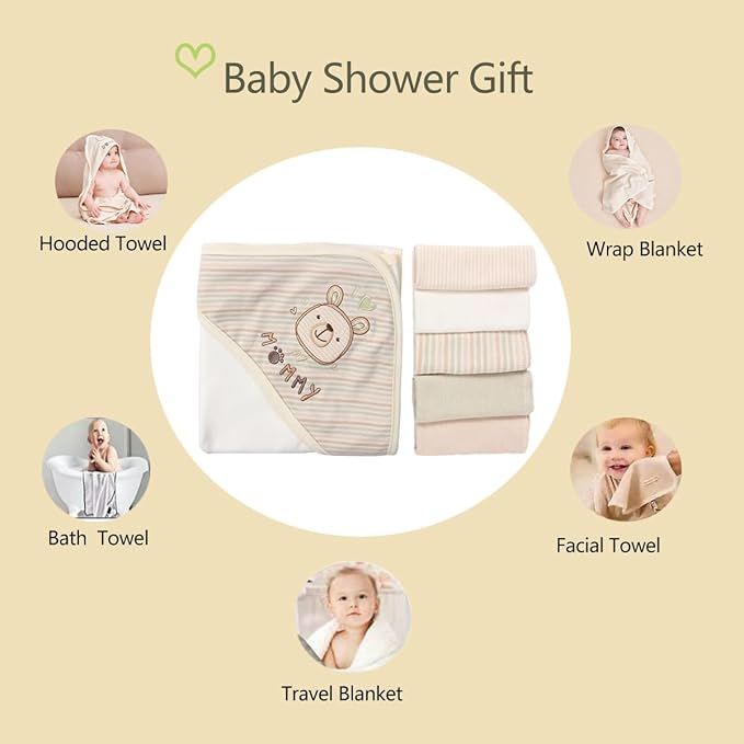 6-Pack Organic Cotton Baby Bath Set - Embroidered Hooded Towel & 5 Soft Washcloths, Ultra Soft Newborn, Toddlers Registry Gift for Boys & Girls, Stripes Bear, 37.5 x 37.5 Inch