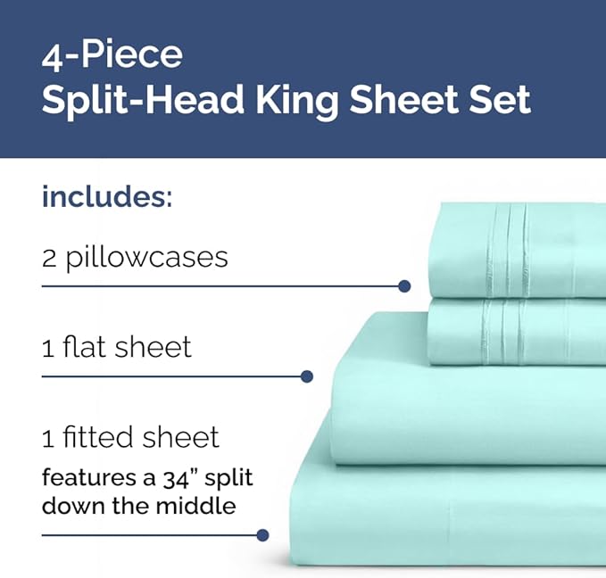 Split Head King Sheet Set – 4 Piece Flex Split Top King Sheets for Adjustable Beds - Fits 14” to 16" Mattress w/ Deep Pockets - Soft, Breathable & Cooling - Luxury Bedding and Wrinkle Free - Spa Blue