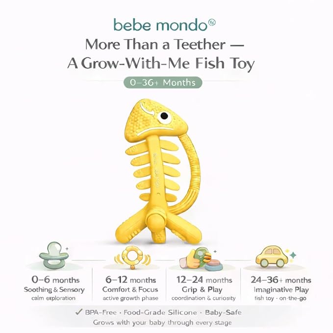 3 in 1 Infant Toys, Baby Teething Toys 3–6 6–12 Months, Teethers for Babies 0–3–6–12 Months for Teething Relief, Baby Gift, Baby Teether Toys, Silicone Sensory Toys, USA Patent Pending, Fish (Yellow)