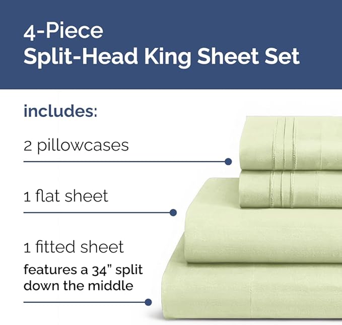 Split Head King Sheet Set – 4 Piece Flex Split Top King Sheets for Adjustable Beds - Fits 14” to 16" Mattress w/ Deep Pockets - Breathable & Cooling - Luxury Bedding & Wrinkle Free - Light Sage Green