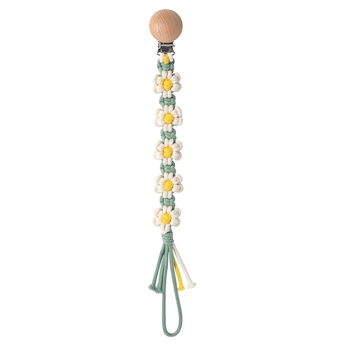 Braided Pacifier Clip for Boys Baby Girls Floral Daisy Macrame Paci Clip Boho Wooden Clips Handmade Cotton Binky Clips Baby Shower Birthday Gift