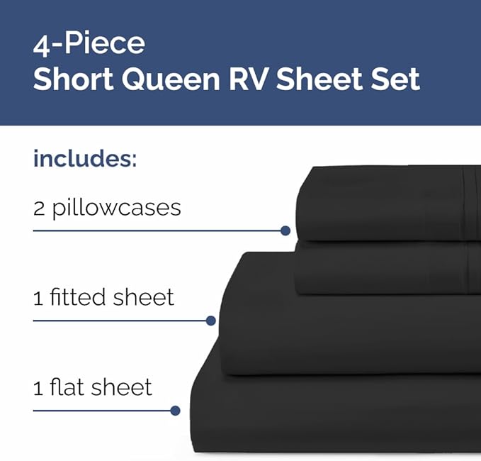RV Short Queen Sheet Set 60 X 75 - 4 Piece RV Short Queen Bed Sheets - Soft, Breathable and Cooling - Designed for Bunks, Trailers & Campers - Fits 8” to 12" Mattress - Hotel Luxury Bedding - Black