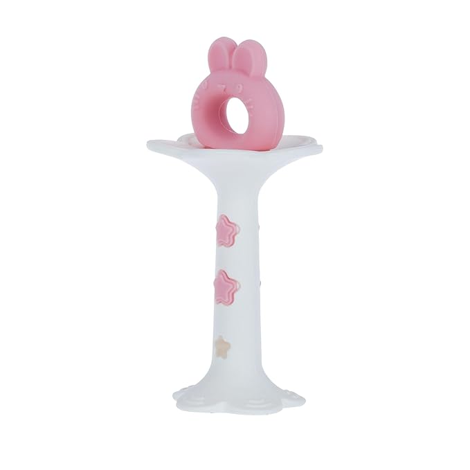 Nuby Silicone Fun Teethers - (2-Pack) Baby Teething Toy - Bunny and Tuba Shapes - 3+ Months - Yellow and Pink
