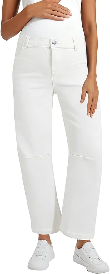 BLENCOT Women's Maternity Jeans Elastic Hight Waist Stretch Barrel Jeans Wide Leg Side Panel Pregnancy Denim Pants