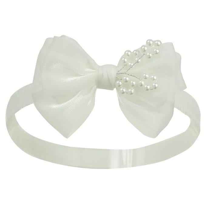 Fairy Multi-layer Pearlescent Organza White Bow Headband for Baby Girl Baptism Christening White Bow Headpiece (0-6 months,Off White headband-5)