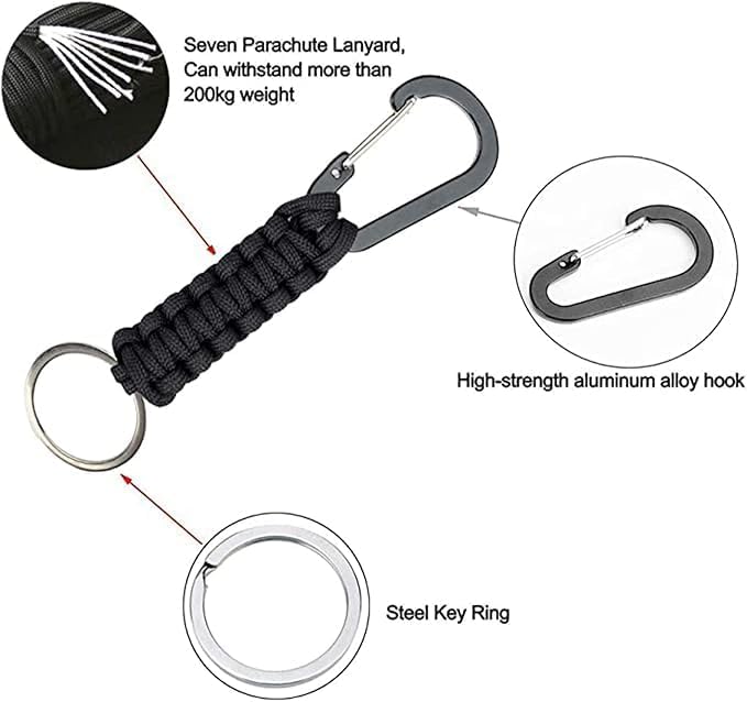 BRAVESHINE Paracord Keychain Carabiner Clip, D Ring Lanyard Hanger Stroller Hook for Water Bottle, Key, Backpacks, Men, Women