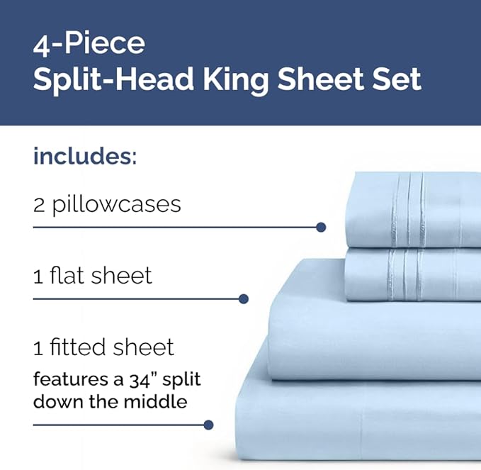 Split Head King Sheet Set – 4 Piece Flex Split Top King Sheets for Adjustable Beds - Fits 14” to 16" Mattress w/ Deep Pockets - Soft, Breathable & Cooling - Luxury Bedding & Wrinkle Free - Light Blue