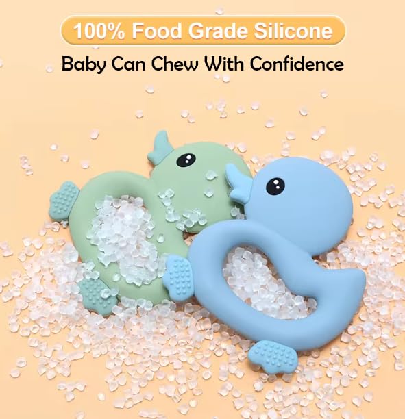 [BabyBite] Baby Teething Toys Cute Duck Teether for Sensory and Developmental Play for Baby and Toddler 100% BPA Free Food Grade Silicone (Blue)